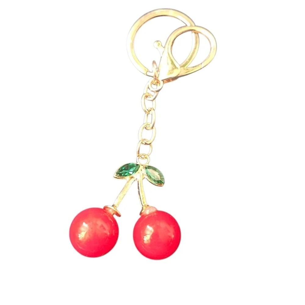 Cute Cherry Keychain‎ Gold Tone Bag Charm Purse Accessory Novelty Fruit Decor